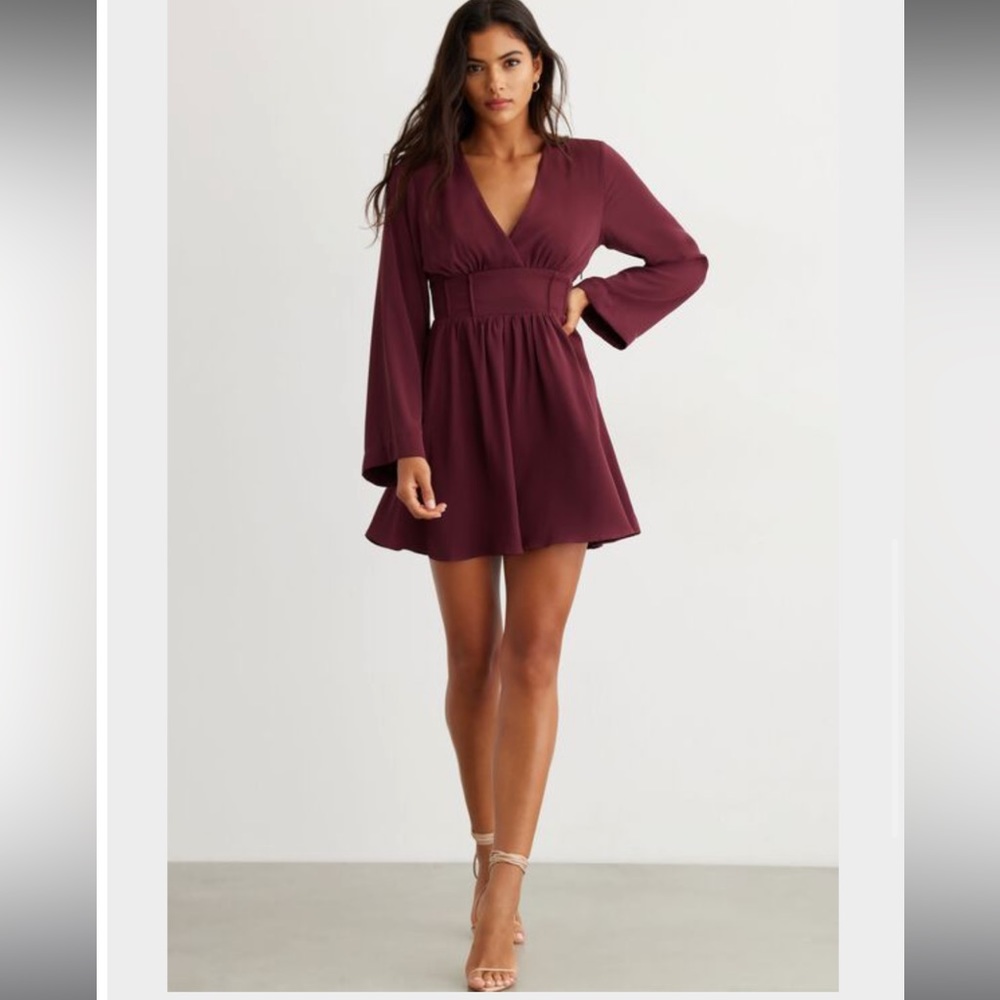 Dynamite Burgundy Long Sleeve V-Neck Mini Dress